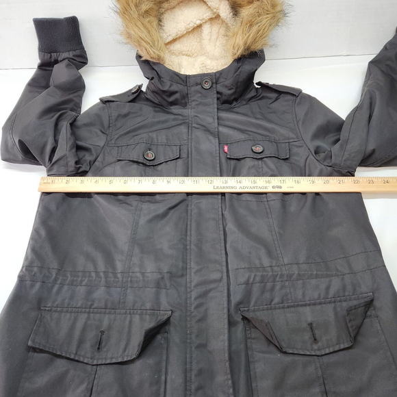 Levi's Women's Cotton Nylon Faux Fur Hooded Sherpa Parka Jacket Black Large - Picture 6 of 12